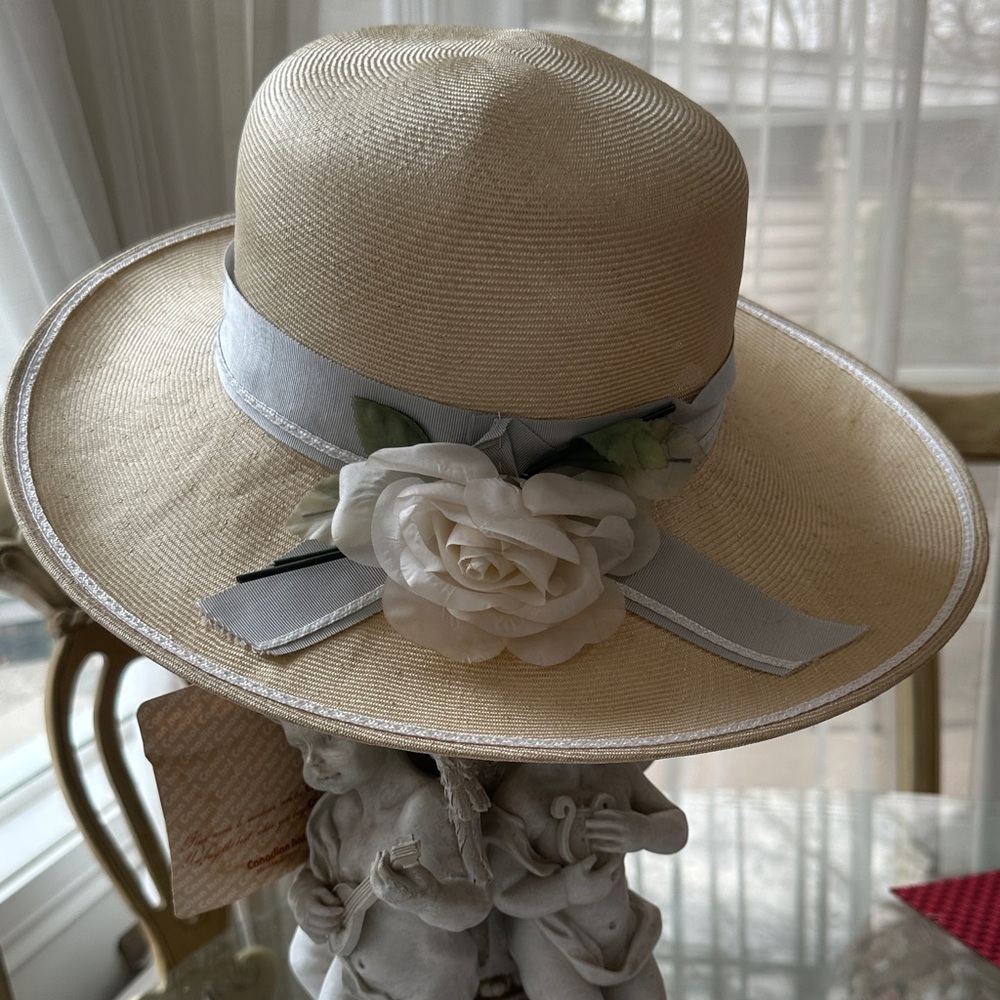 Andree Cream Straw Hat with White Rose and Light Gray Ribbon